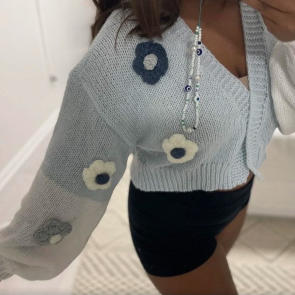 Boho Floral Crochet Open Front Crop Cardigan